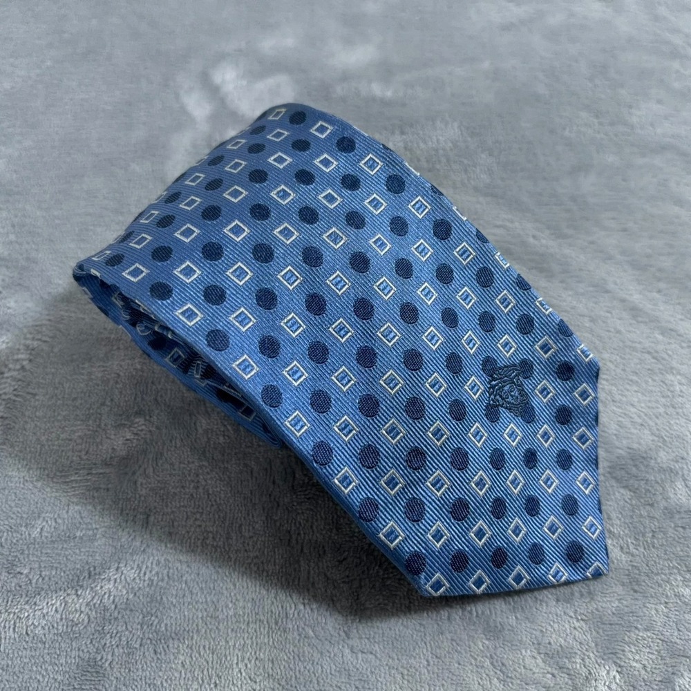Versace Mens 100% Silk Neck Tie Blue Geometric Designer Dot Square